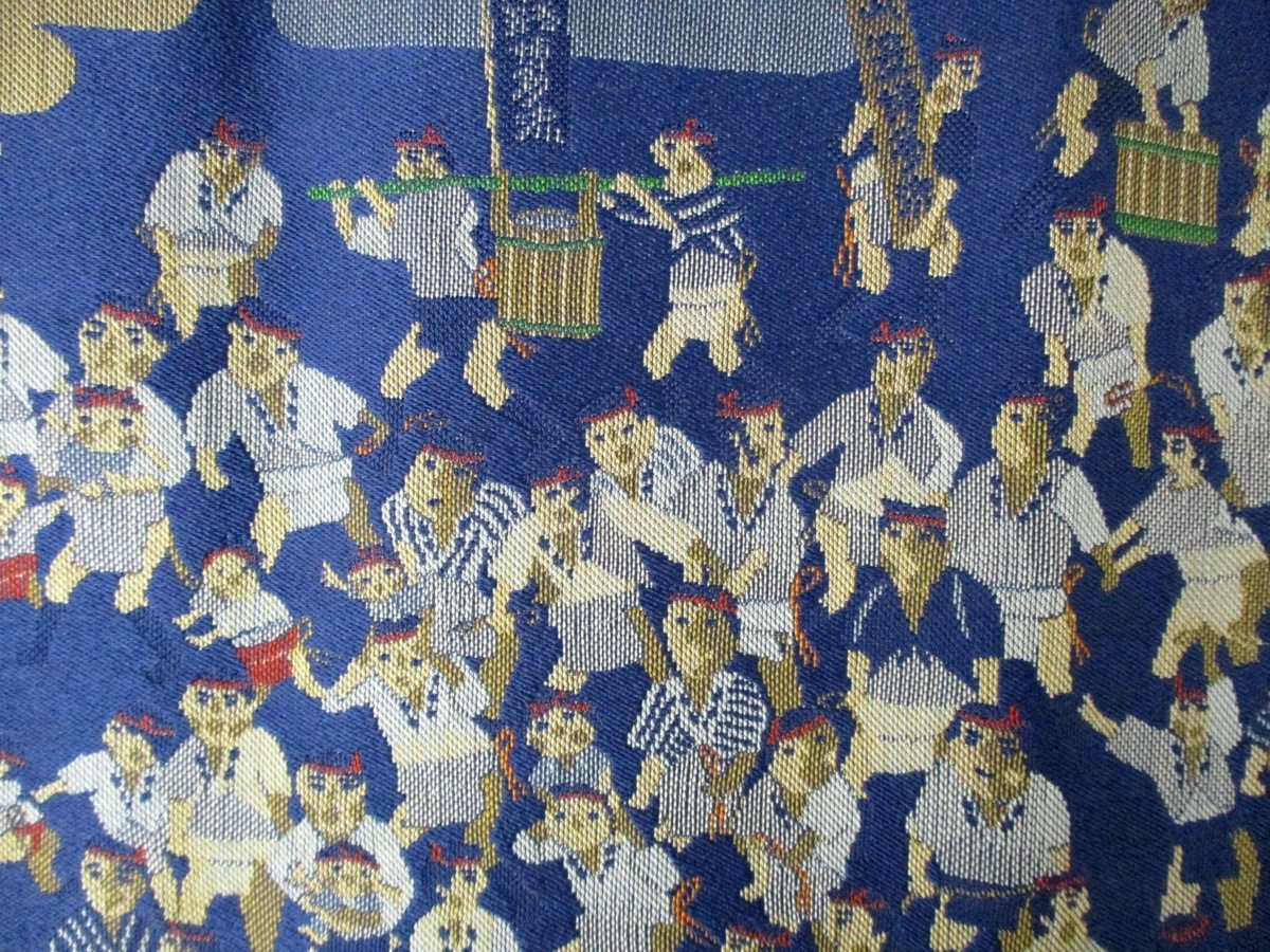 C3042 筑前博多織「博多山笠 青/ブルー 長73cm 卓布」敷物 花瓶敷