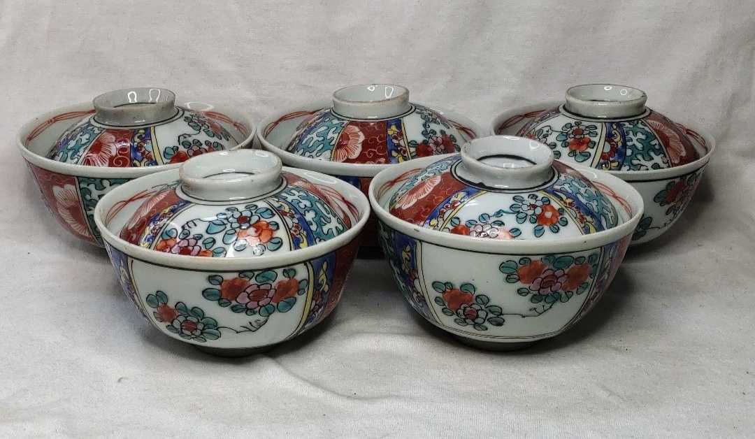古伊万里焼 色絵蓋椀5客 江戸後期 手描き 古美術 旧家蔵出し コレクター