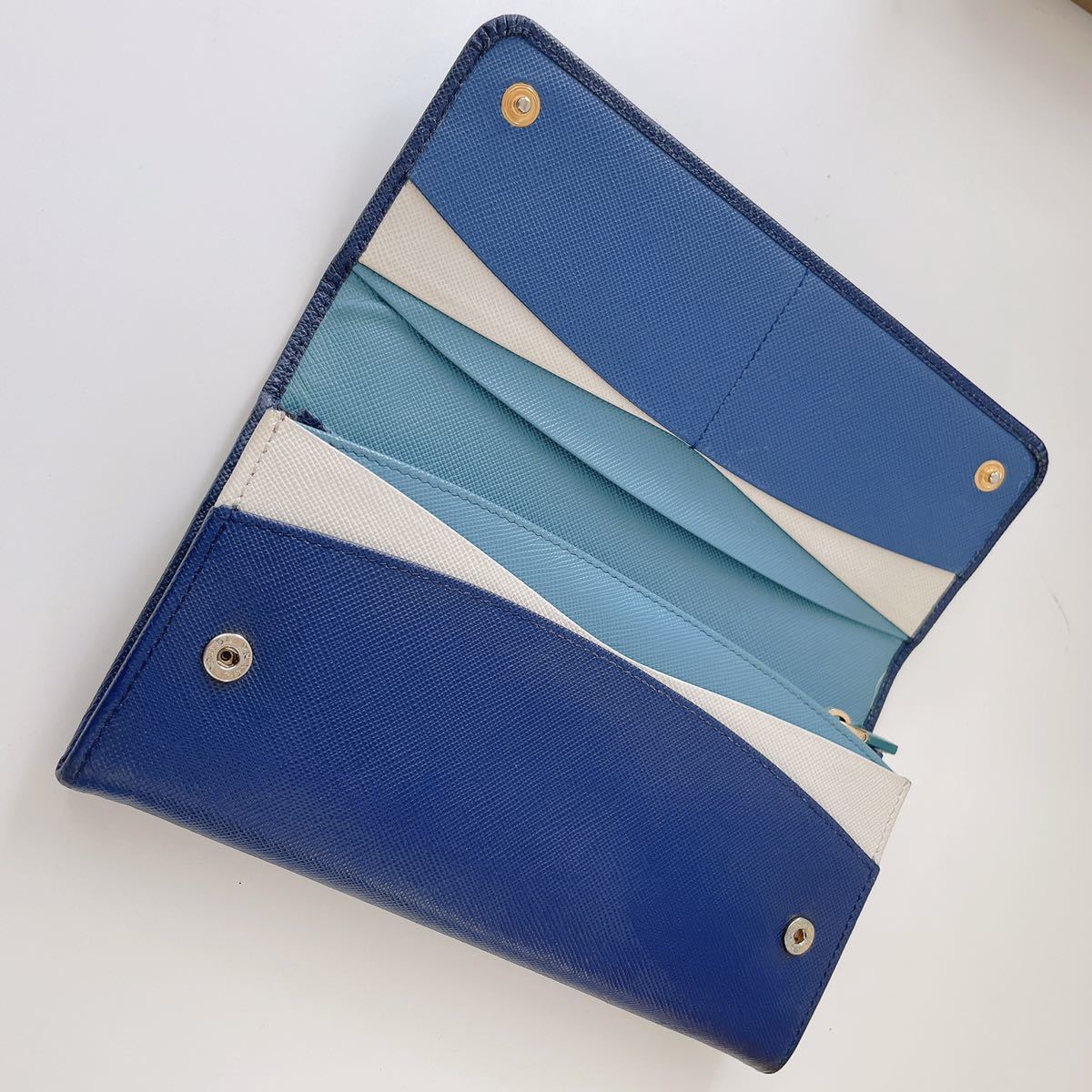 レア美品✨プラダ◇エンベロープ長財布　ゴールド金具バイカラーネイビーブルー 1円→美品 PRADA プラダ 長財布 ブルー ネイビーバイカラー 箱付き