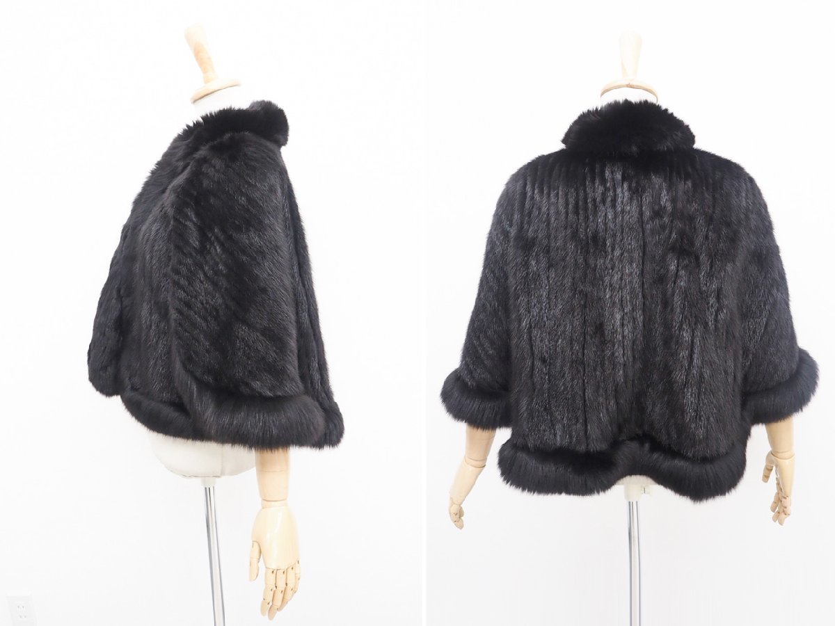 【新品未使用】ブラック ミンク×フォックス ファーショートケープ 短袖 本毛皮 美品【 ￥1000～ / LA.NAVE 】高級毛皮 ブラックミンク×フォックス