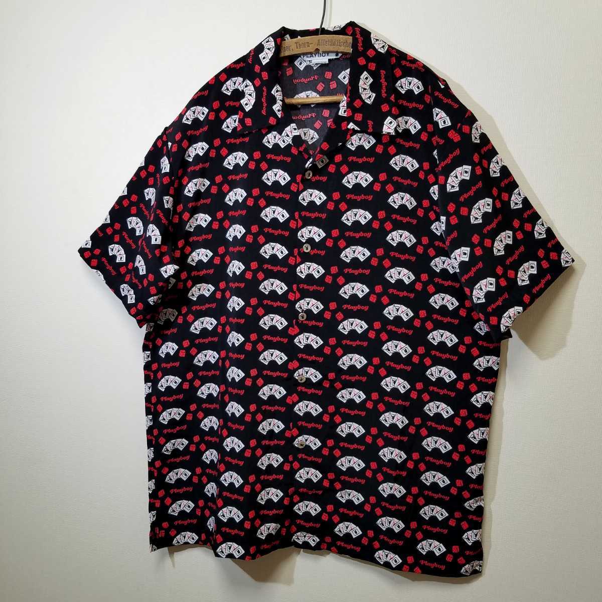 黒ベース / トランプ総柄》90s PLAYBOY 開襟 半袖シャツ XL～ アロハ 