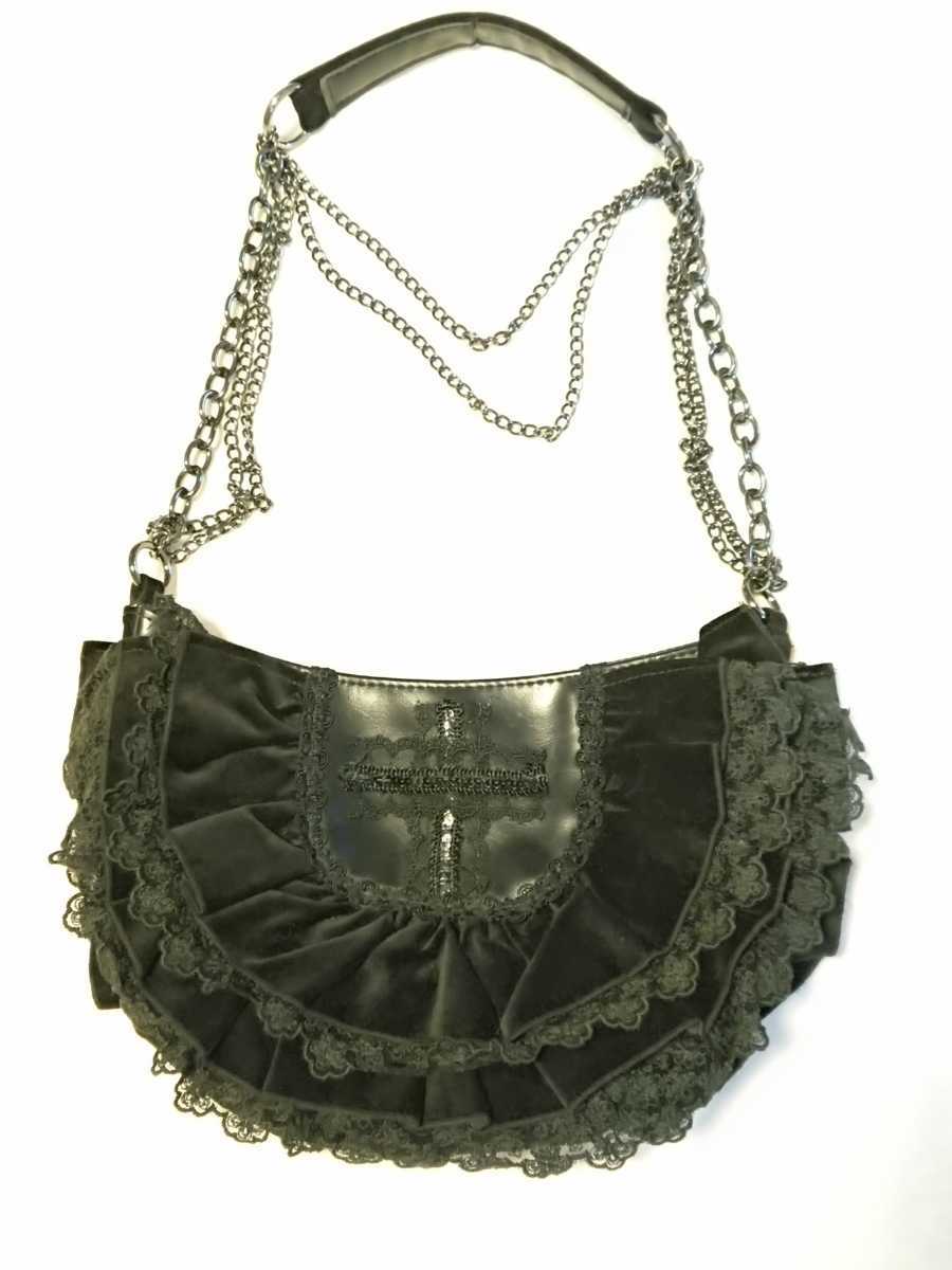 BPN フリルバッグ 黒 重ねレース クロス 三連チェーン ブラック  