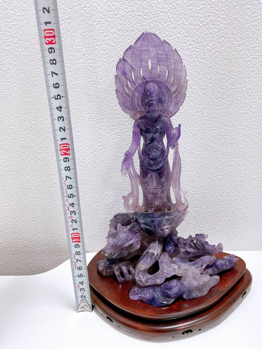 8367】1円スタート！ 中古品 アメジスト ？ 菩薩 観音像 彫刻 石彫