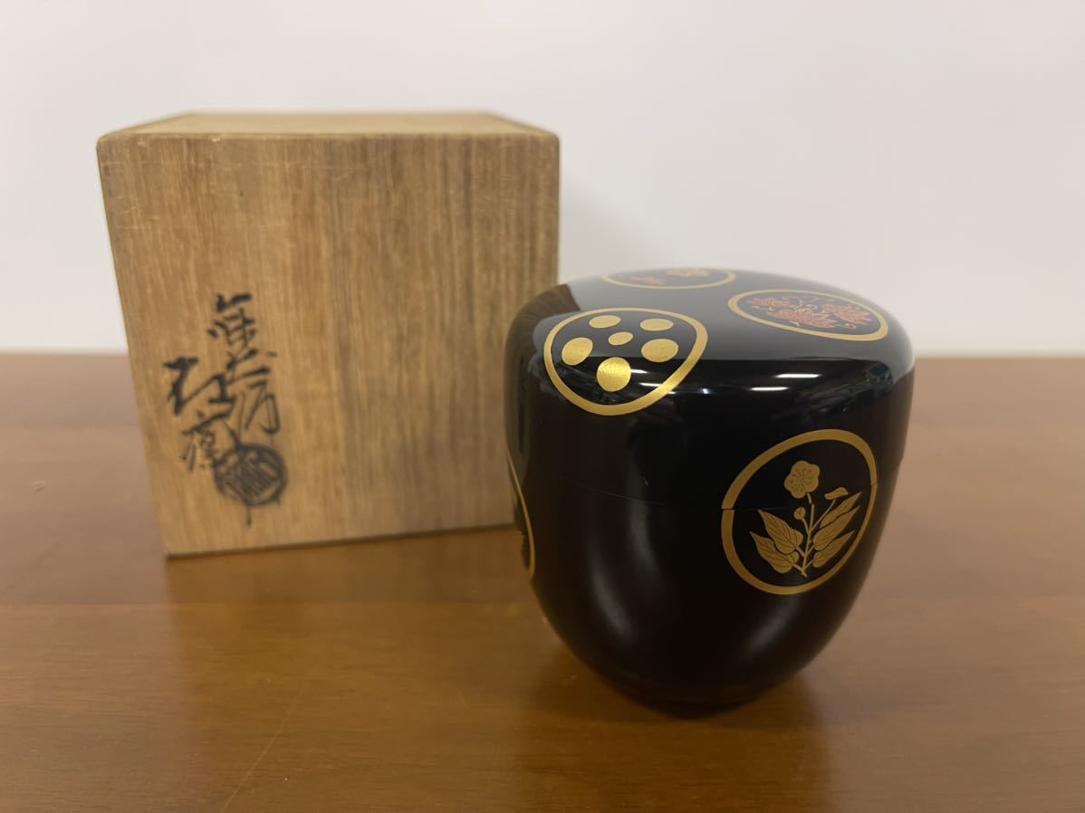 辻石斎 共箱 山中塗 共布 四代 春秋丸紋棗 淡々斎好
