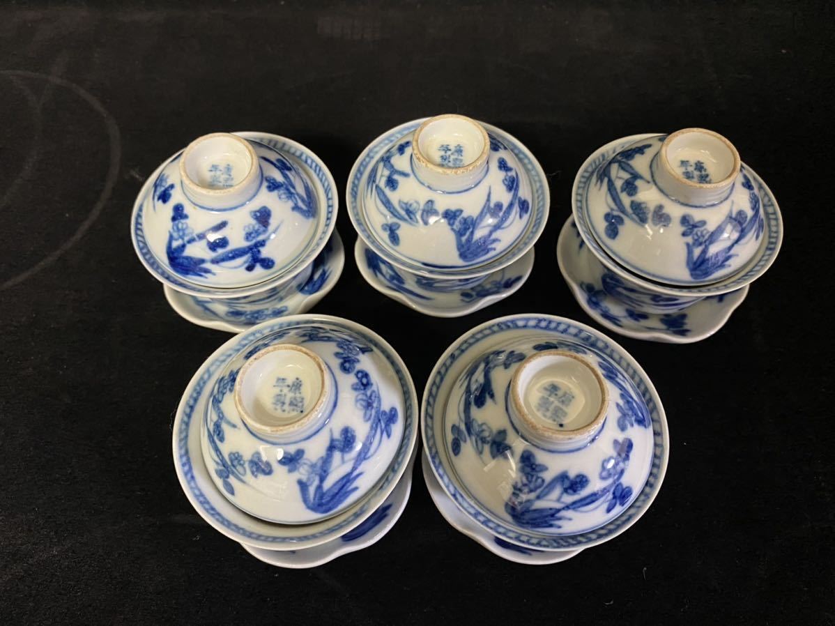 【博】康熙年製　染付花紋茶碗　時代 茶道具 茶碗 5客 景徳鎮製 中国美術品
