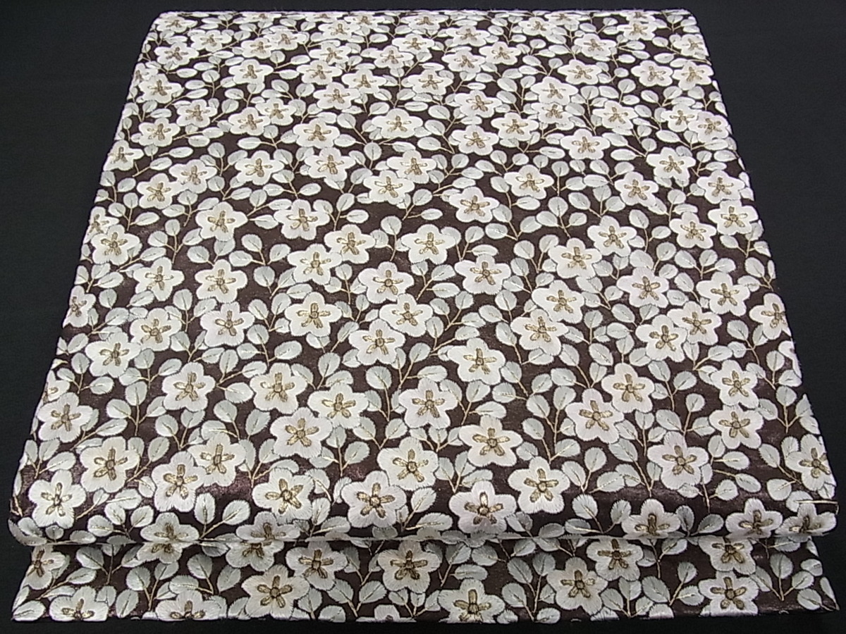 平和屋着物□六通太鼓柄袋帯 総刺繍 草花文 金糸 逸品 w2336