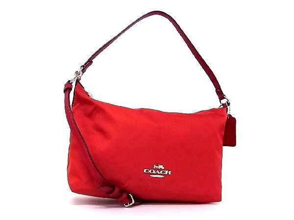 1円 ■極美品■ COACH コーチ F25906 ナイロン×レザー シルバー金具 ハンドバッグ ショルダーバッグ レディース レッド系 X8660BN