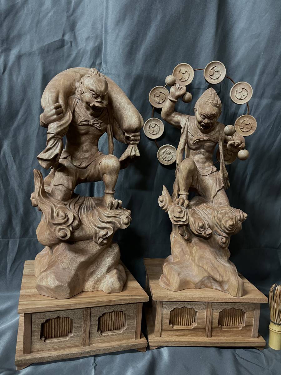 特大型 高50cm 井波彫刻 仏教工芸品 総楠製 極上彫 木彫仏像 風神雷神 