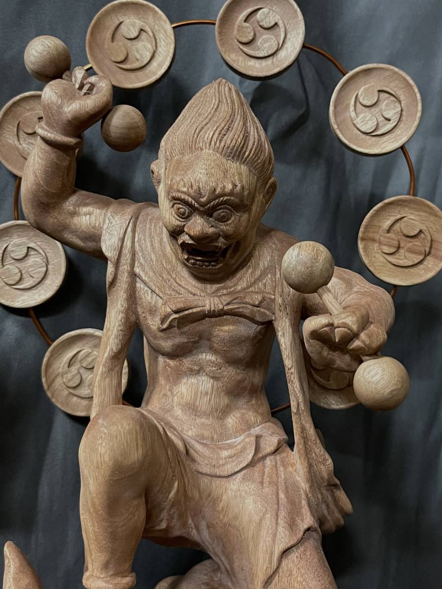 特大型 高50cm 井波彫刻 仏教工芸品 総楠製 極上彫 木彫仏像 風神雷神 