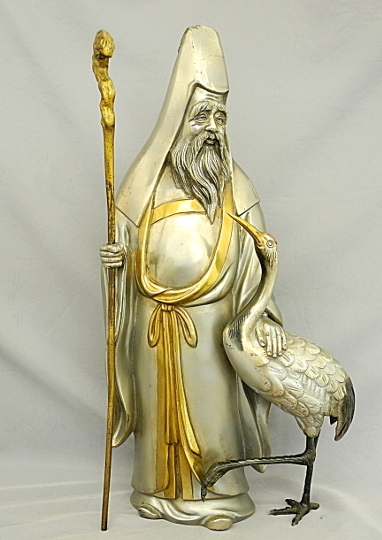 白銅 寿正作 福禄寿 45cm 寿老人 鶴 金メッキ 白銅製 置物 ブロンズ 8.6