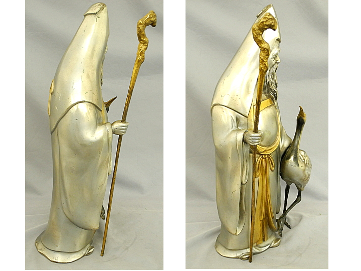 白銅 寿正作 福禄寿 45cm 寿老人 鶴 金メッキ 白銅製 置物 ブロンズ 8.6