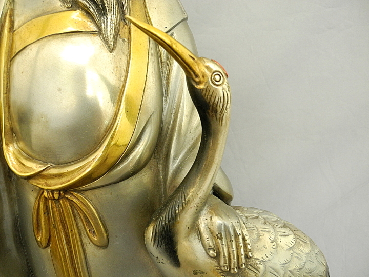 白銅 寿正作 福禄寿 45cm 寿老人 鶴 金メッキ 白銅製 置物 ブロンズ 8.6
