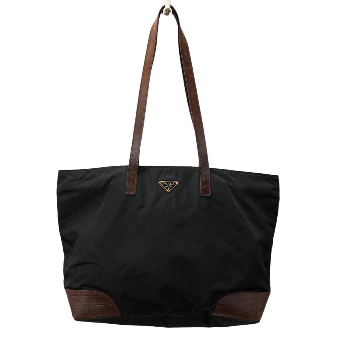 PRADA プラダ ショッパー ナイロン×レザー 三角ロゴ ブラック×ブラウン