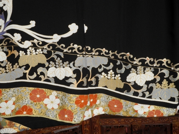 BIG WAVE】唐草鳳凰 L 正絹 黒留袖 アロハシャツ☆金駒刺繍の鳳凰