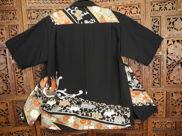 BIG WAVE】唐草鳳凰 L 正絹 黒留袖 アロハシャツ☆金駒刺繍の鳳凰