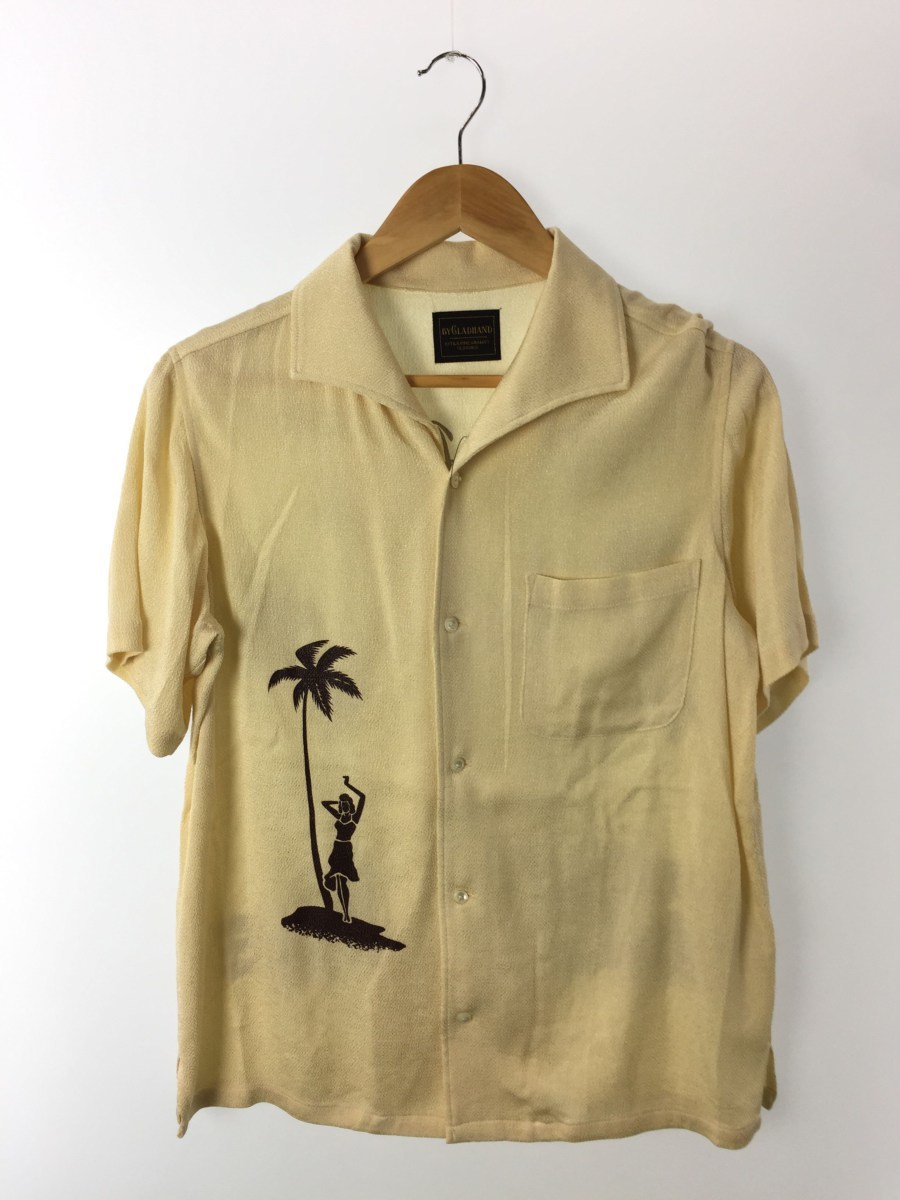 by GLAD HAND◆19ss S/S レーヨンオープンカラーシャツ/ヤシの木プリント/半袖シャツ/M/レーヨン/CRM/プリン
