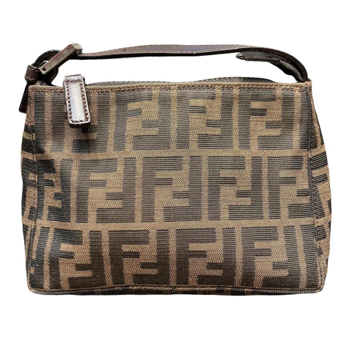 美品》FENDI ズッキーノ FF金具 ミニハンドバッグ アクセサリーポーチ 