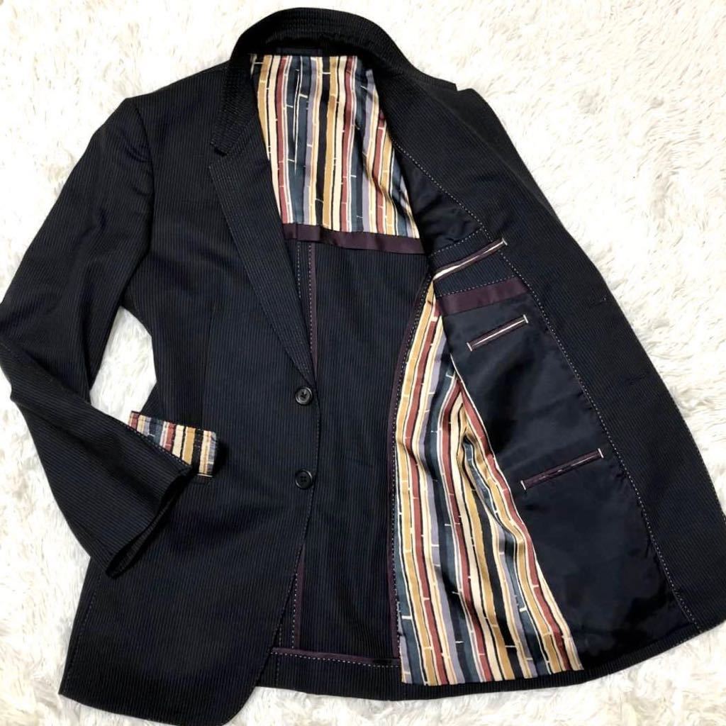 美品 ポールスミス テーラードジャケット 黒 マルチカラー ストライプ