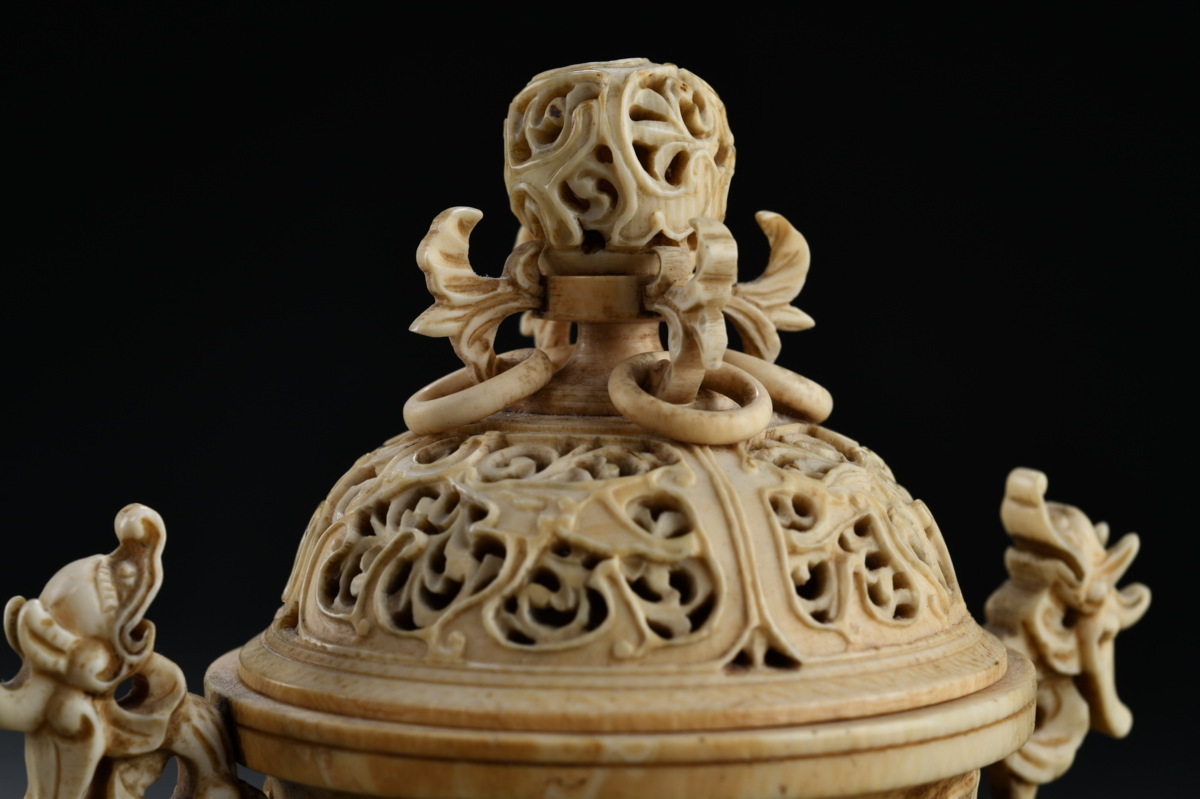 ◇鶴鳴堂◇中国・時代物 マンモス 龍紋蓋爐 極細工 古置物 古擺件 中国