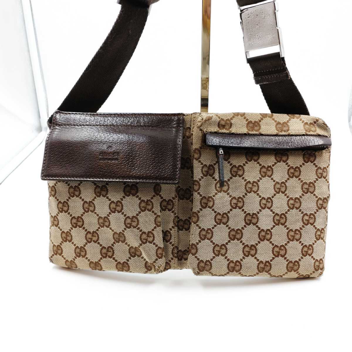 1円スタート GUCCI グッチ キャンバス×レザー ウエストポーチ ボディ