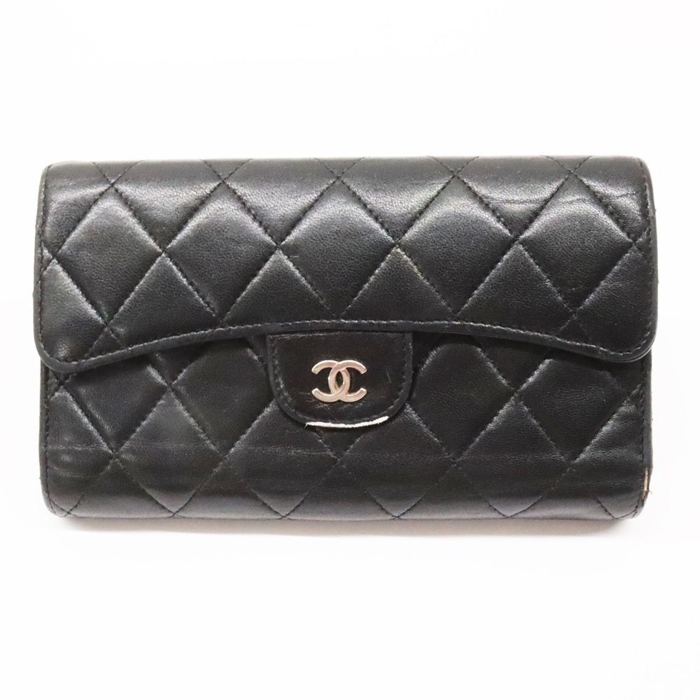 CHANEL シャネル マトラッセ 三つ折り 長財布 ブラック ラムスキン 