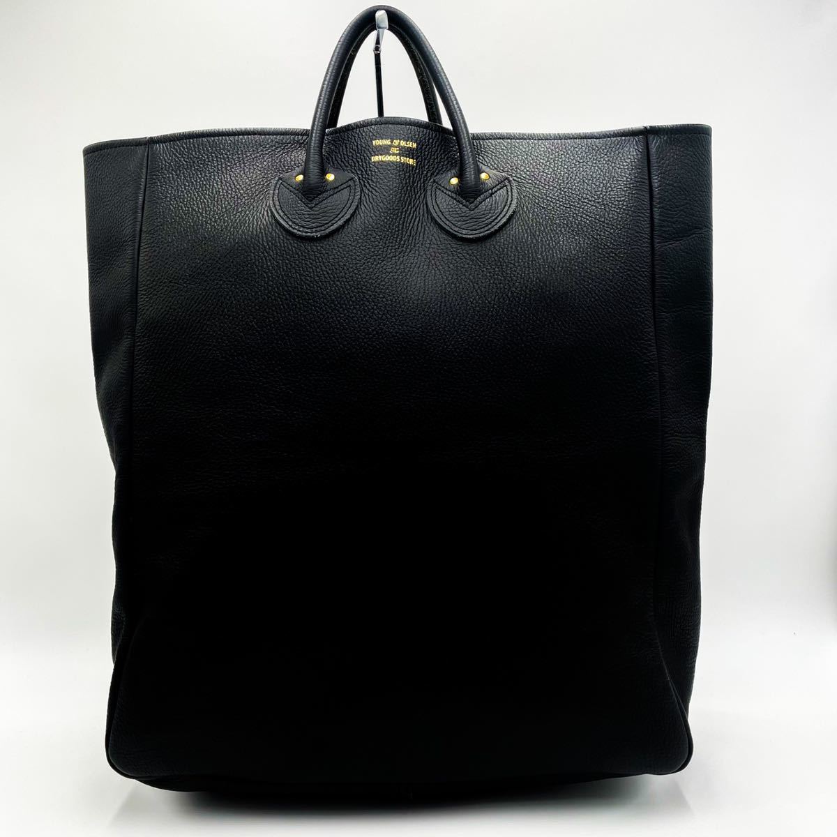 【新品未使用】YOUNG OLSEN ヤングオルセン 10B28 ハンドバッグ トート A4可 シボ革 黒 ブラック 金刻印 ステッチ 大容量 エンボスレザー