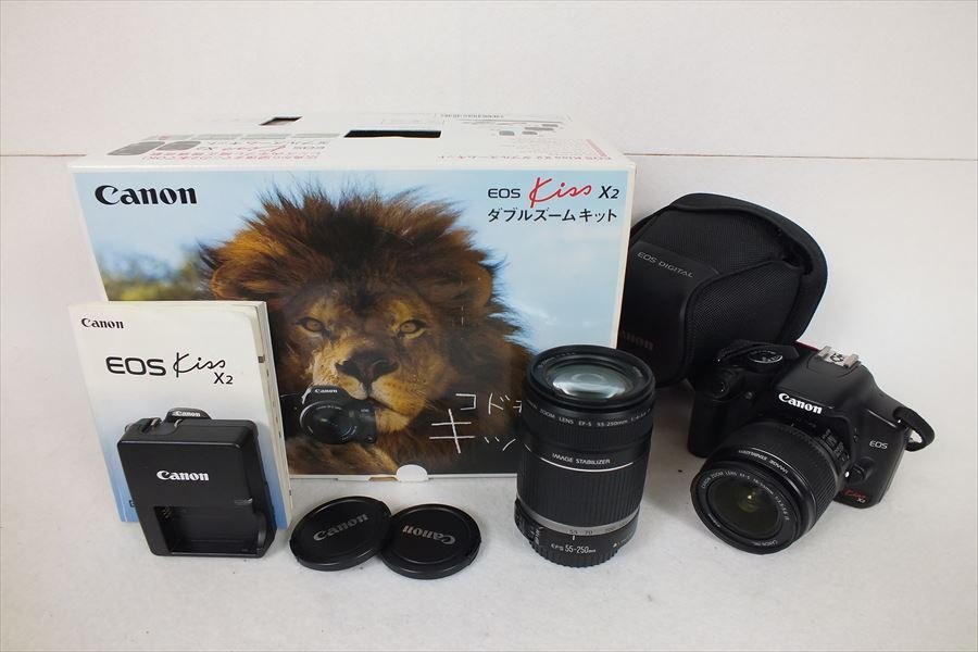 SALE，低価 Canon キャノン EOSkiss X2ダブルズームキット デジタル一眼 55-250mm 1:4-5.6/18-55mm 1:3.5-5.6 元箱付き 現状品 220511C2009(キヤノン)｜売買されたオークション情報、yahooの商品情報をアーカイブ公開 - オ キヤノン
