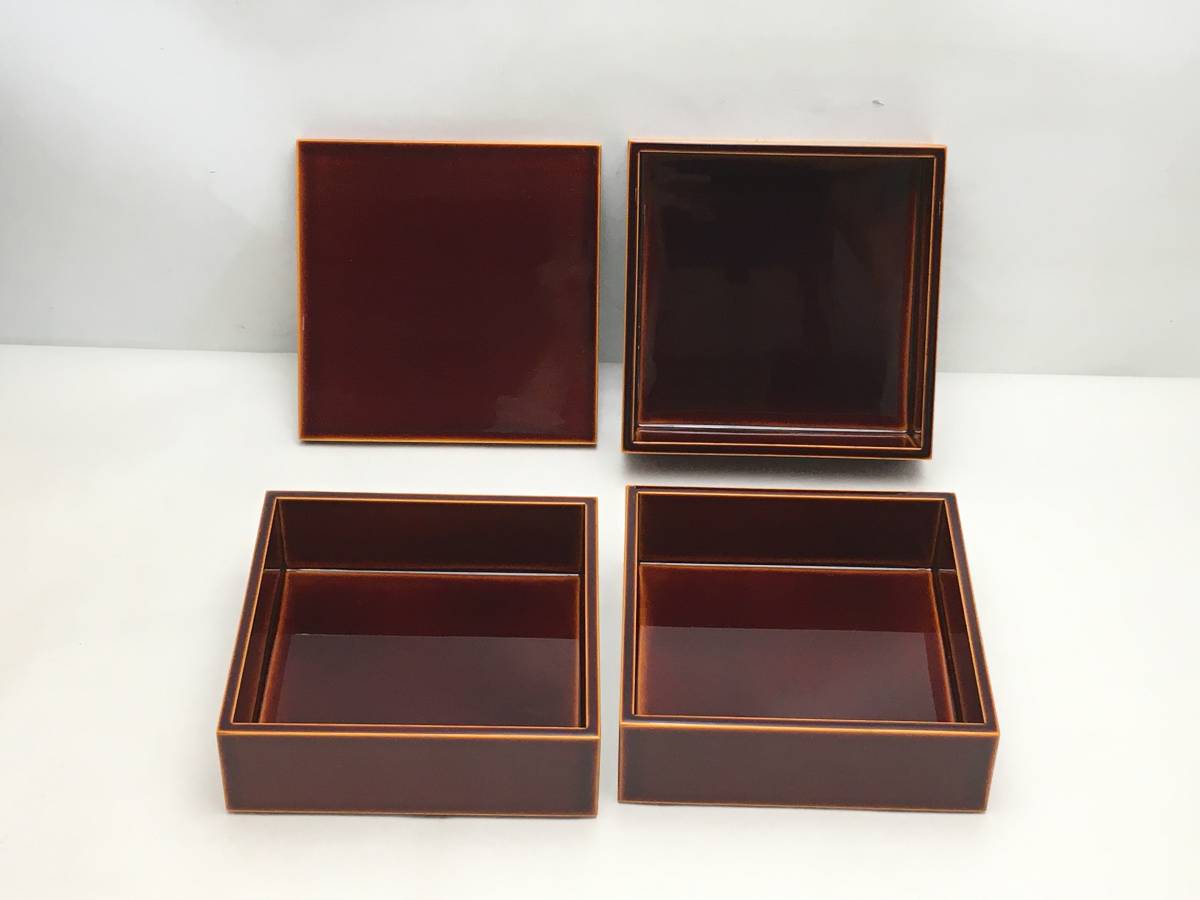 □未使用保管品 春慶塗 遊山箱 3段重 桐箱14×14.5×14.5cm 弁当箱12×12 