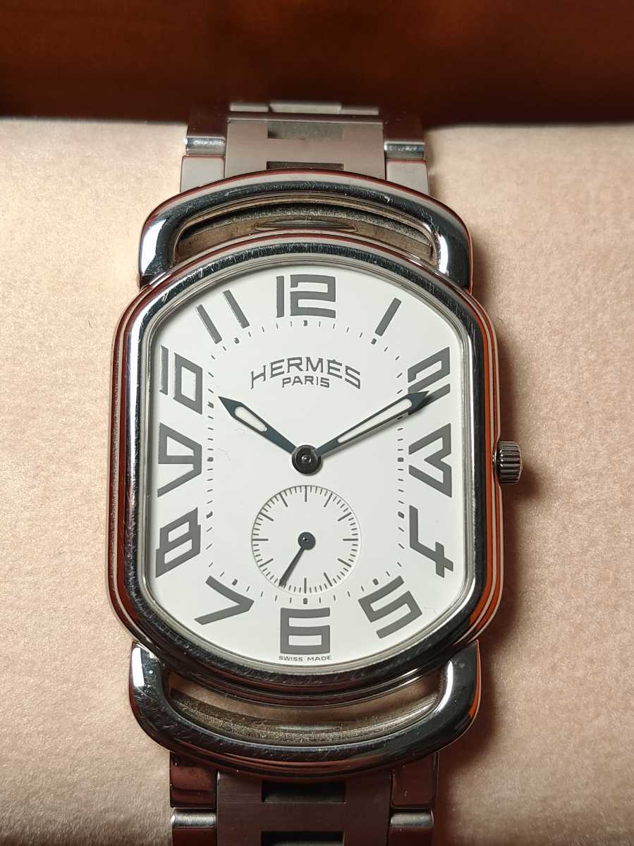 美品 HERMES エルメス RA1.810 ラリー スモセコ Hロゴブレス コマ2/箱付 QZ メンズ腕時計 動作未確認 RA1.810 クォーツ エルメス ホワイト アラビア文字盤 スモセコ