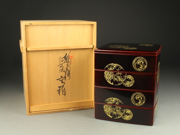 日本美術 慶塚作 能登輪島塗 朱塗 松沈金 四段重 重箱 共
