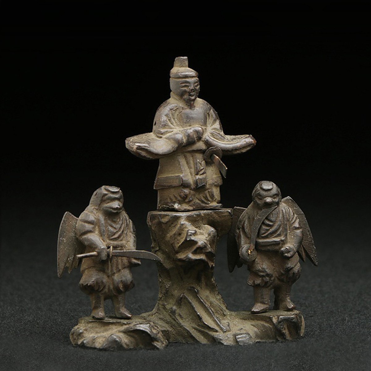 CS332 時代物 小振 銅造 神像両脇天狗像・銅金毘羅大権現像 高6.8cm 重 