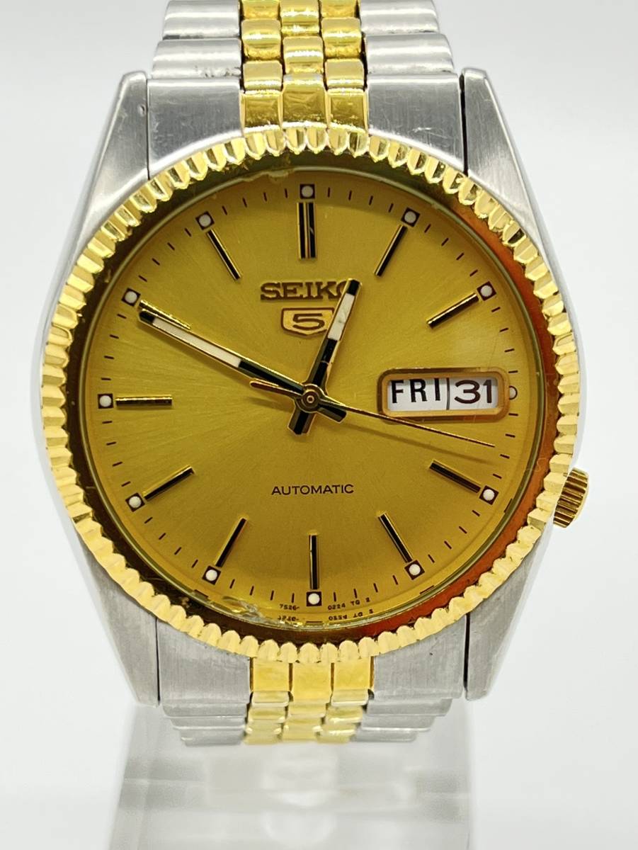 稼働品 SEIKO 5 自動巻き 7S26-0224 7S26-0500 ゴールド メンズ 腕時計 