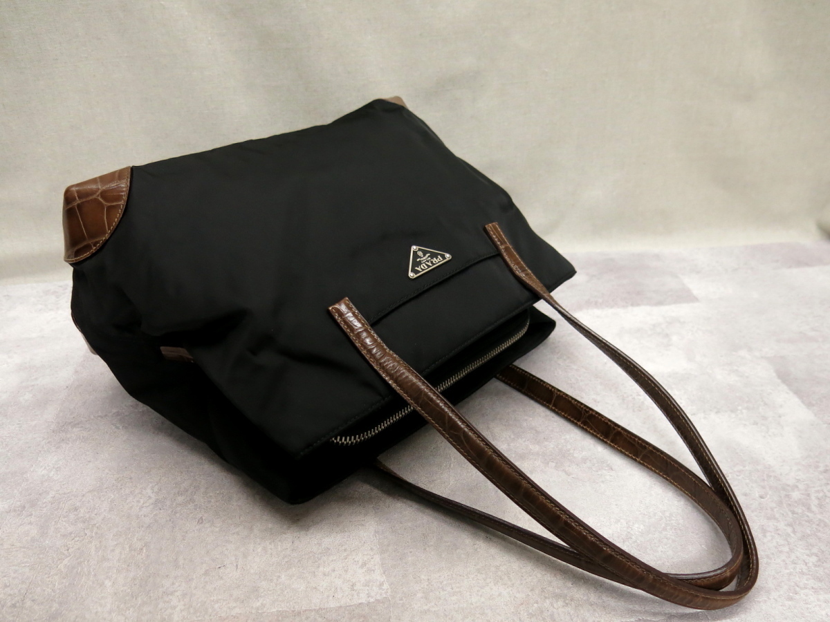 ○超美品○PRADA プラダ○ポコノ ナイロン クロコダイル 型押し レザー 