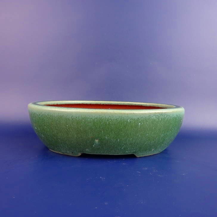 燿山窯 英明 切足 楕円鉢 緑釉 釉薬 常滑焼 盆栽鉢 現品 新品