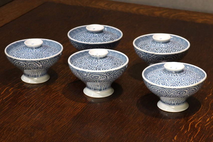 開 江戸後期 古伊万里 染付 蛸唐草文 蓋茶碗 五客組 裏