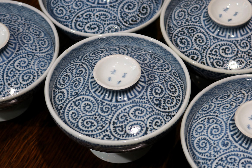 開 江戸後期 古伊万里 染付 蛸唐草文 蓋茶碗 五客組 裏