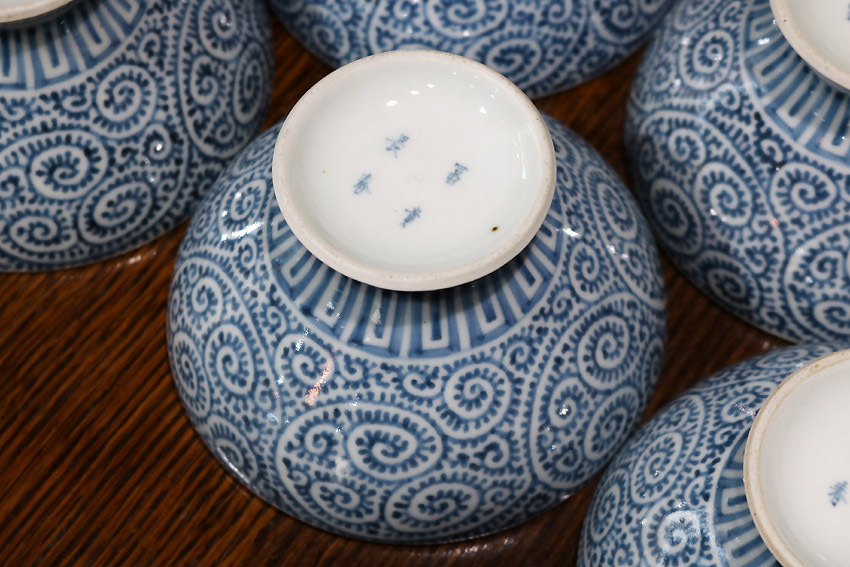 開 江戸後期 古伊万里 染付 蛸唐草文 蓋茶碗 五客組 裏