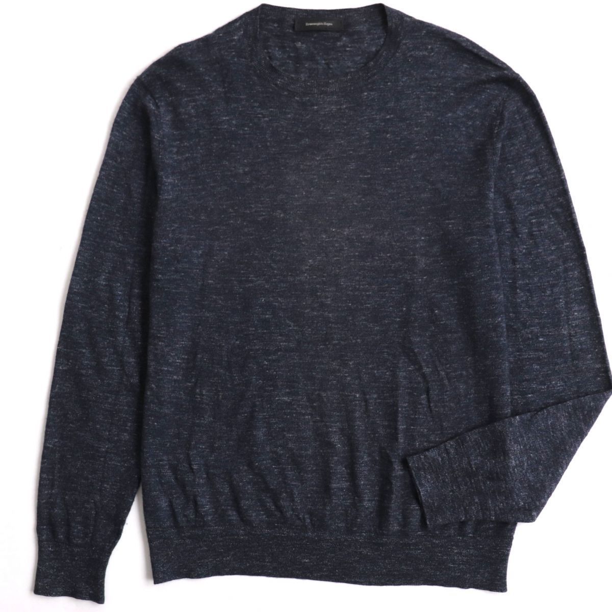 美品▼エルメネジルドゼニア カシミヤ×シルク×リネン/麻 ミックスカラー クルーネック 長袖 ハイゲージニットセーター 紺 50 伊製 正規品