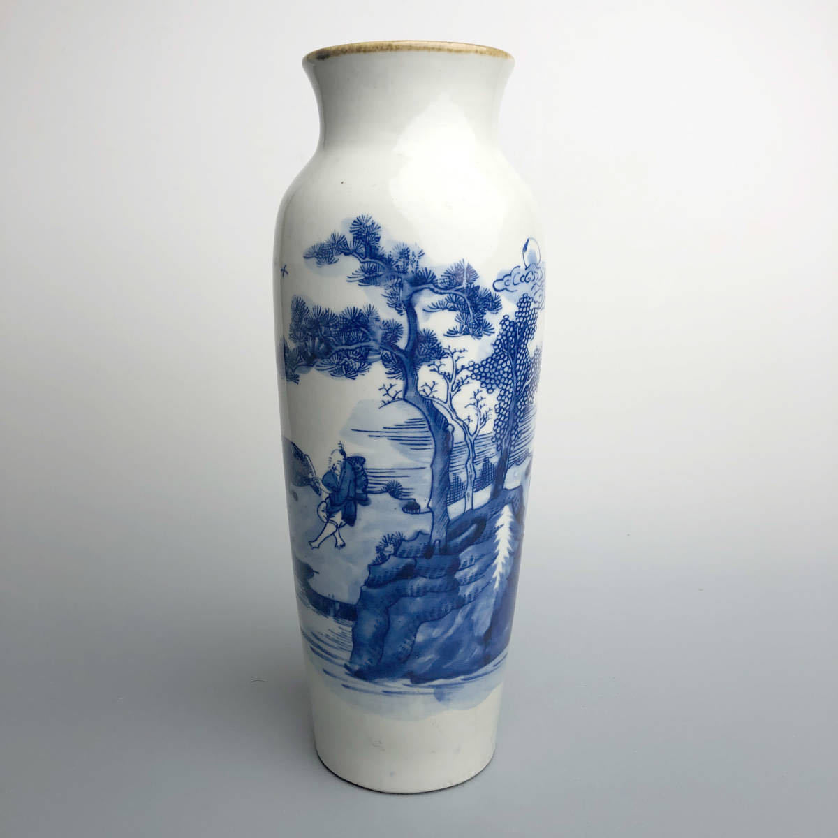 青花山水人物紋瓶 中国古玩 中国美術