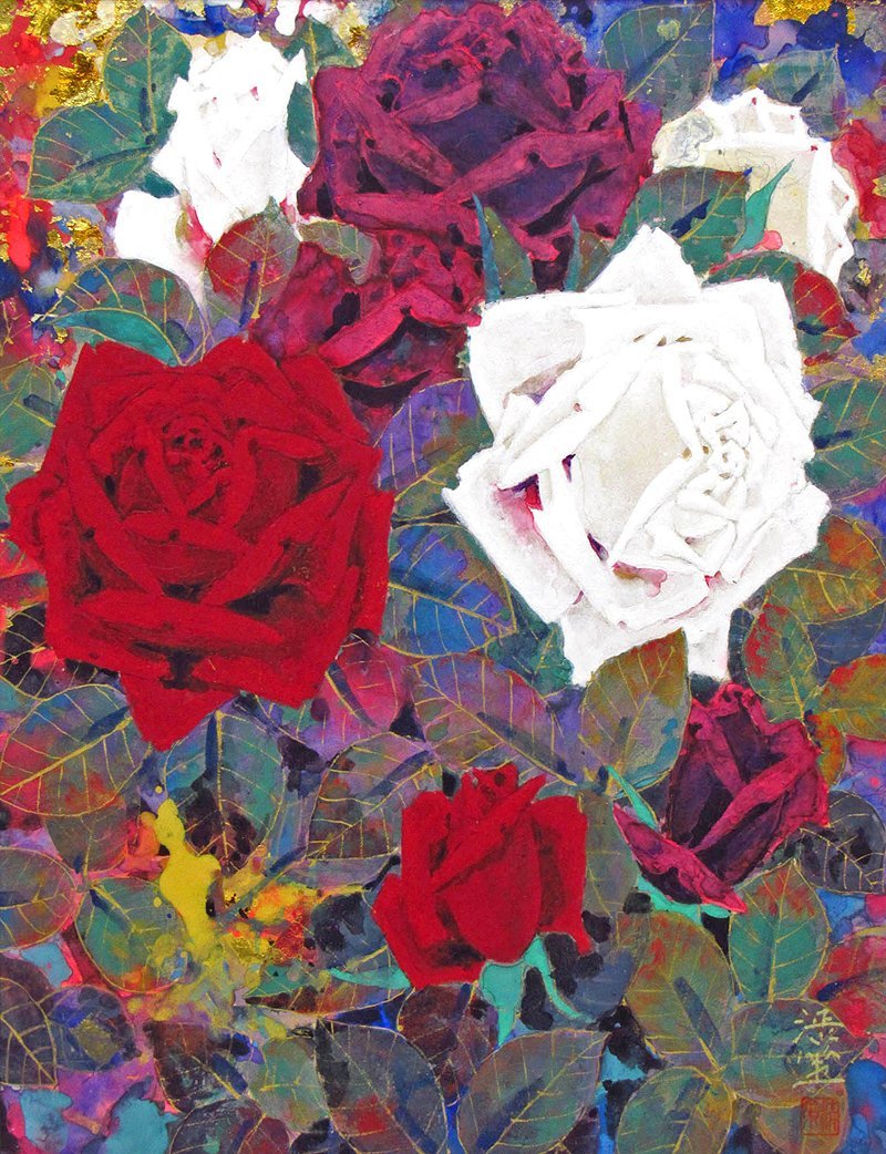 GINZA絵画館】齋藤清策 日本画10号「薔薇」ばら・バラ・共シール・日