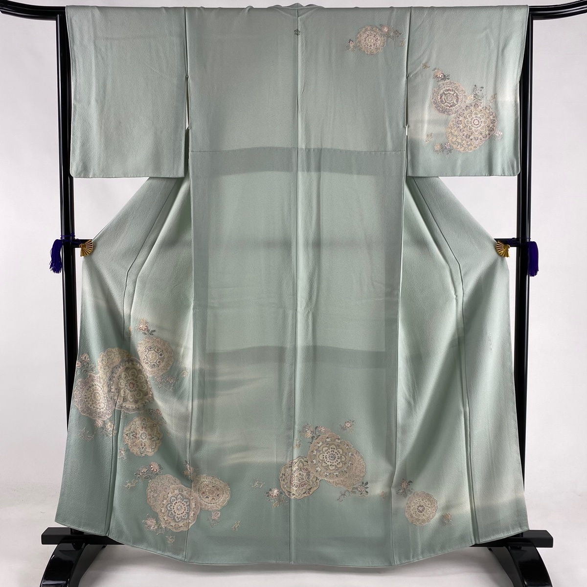 訪問着 秀品 一つ紋 華文 霞 刺繍 ぼかし 深緑 袷 162.5cm 63.5cm S 正絹 【中古】 ☆☆☆