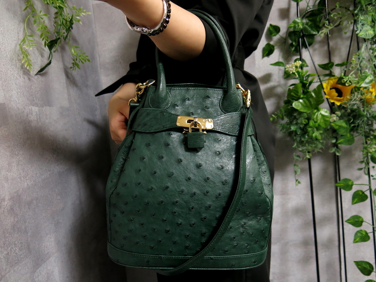 オーストリッチ ハンドバッグ グリーン ゴールド金具　ジャッキー　肩掛け◎ レディース ○美品 Ostrich オーストリッチ ハンドバッグ グリーン