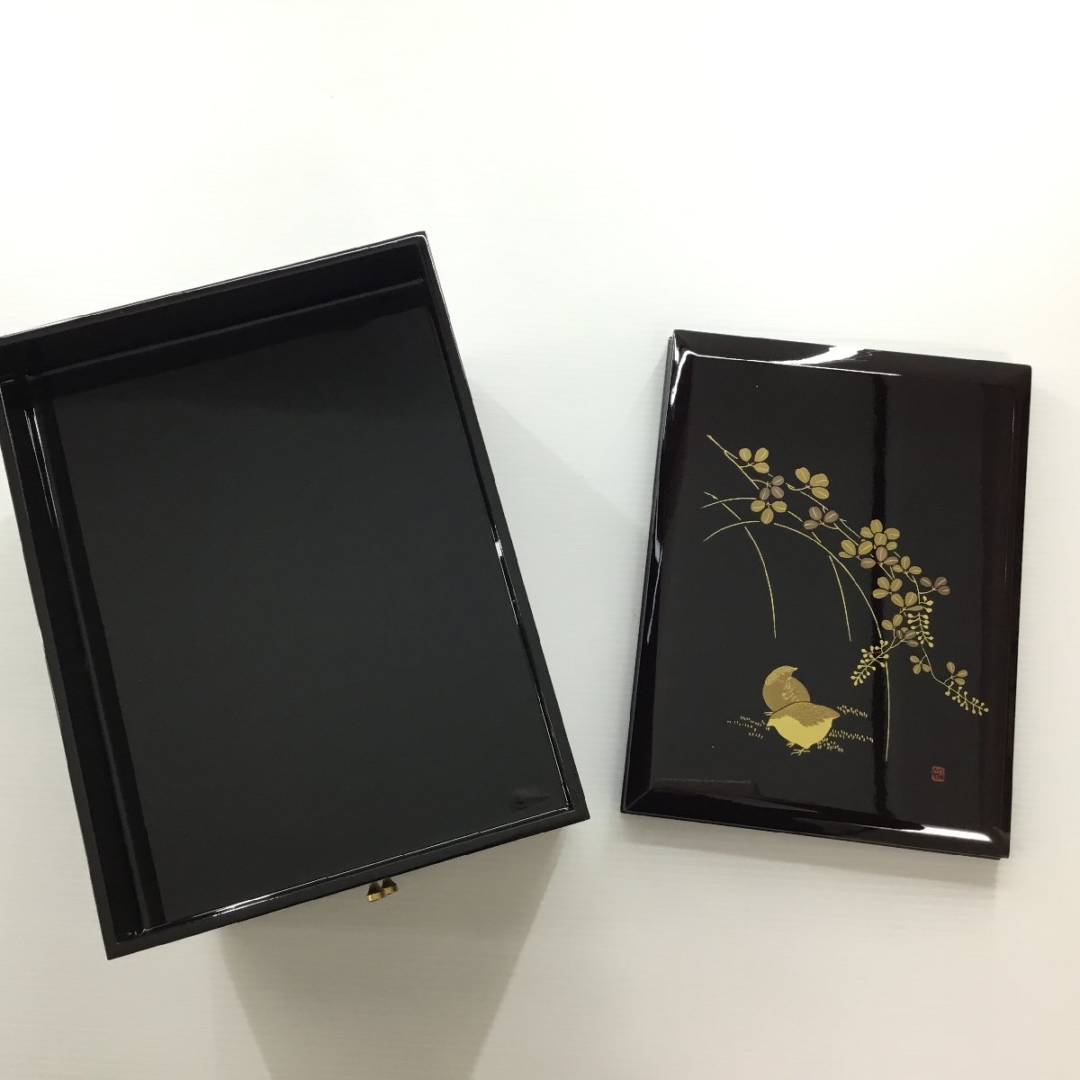 □【美品/外箱付き】伝統工芸 工芸品 『萩にうずら』 会津塗り 合成