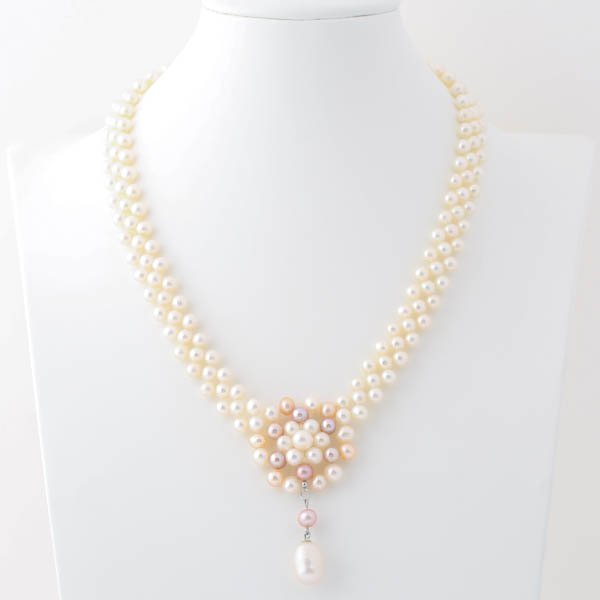 スリーカラー 編み込み パールネックレス 真珠 全長42cm シルバー留め具 刻印 STERLING ジュエリー 重量31g #29204