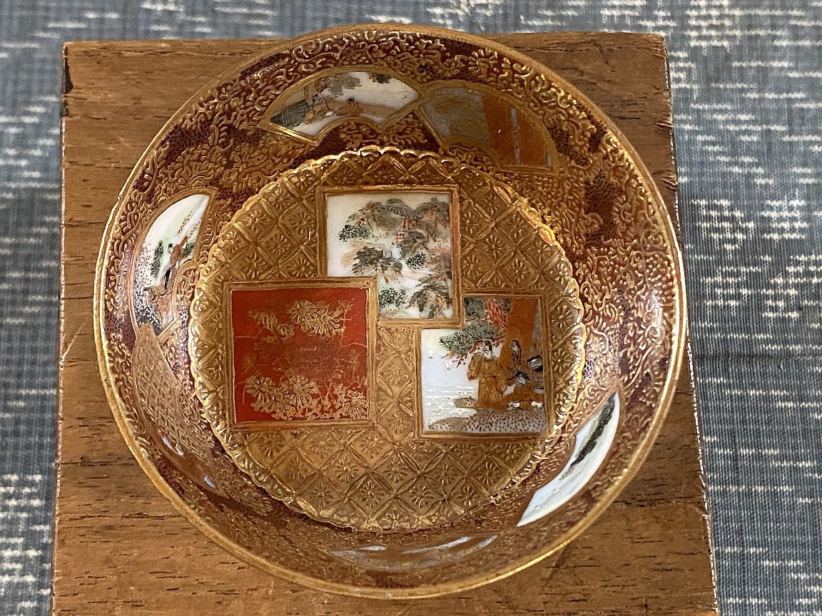 九谷焼 逸品！超絶技巧 時代物 盃⁄飾皿⁄小皿 金彩極細密画人物画花唐草