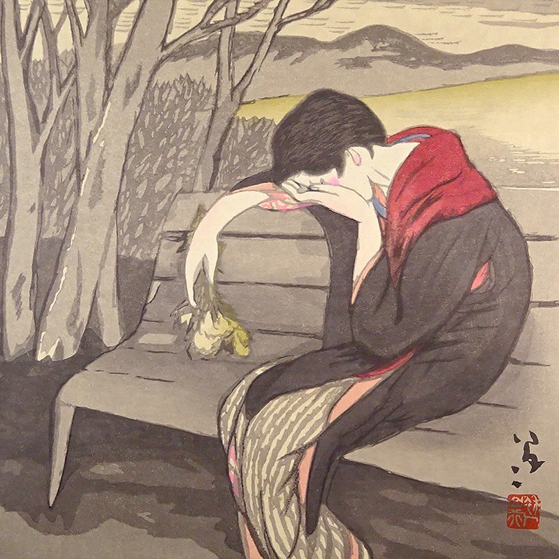 【復刻版】竹久夢ニ　木版画　「宵待草」　大正ロマン美人画　額装付き 慶應◇大正ロマンを代表する画家【竹久夢二】作 手摺木版画 宵待草