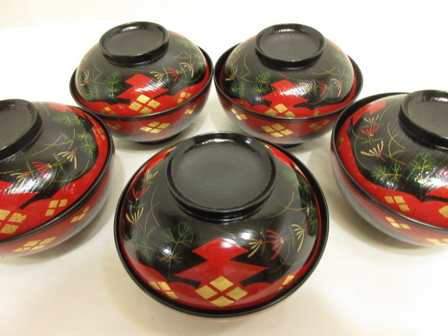 風流庵】 『懐石』 山中漆器 柿合塗 ☆ 正法寺 煮物椀 (五客) 化粧箱