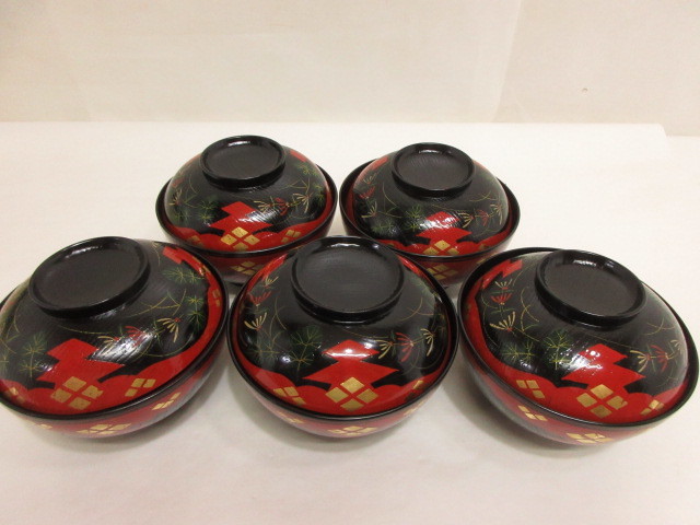 風流庵】 『懐石』 山中漆器 柿合塗 ☆ 正法寺 煮物椀 (五客) 化粧箱
