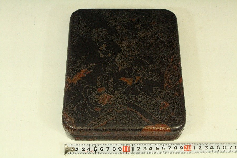 硯箱 茶道具 桐箱 文房道具 約20×24㎝ 青貝螺鈿入 鳳凰