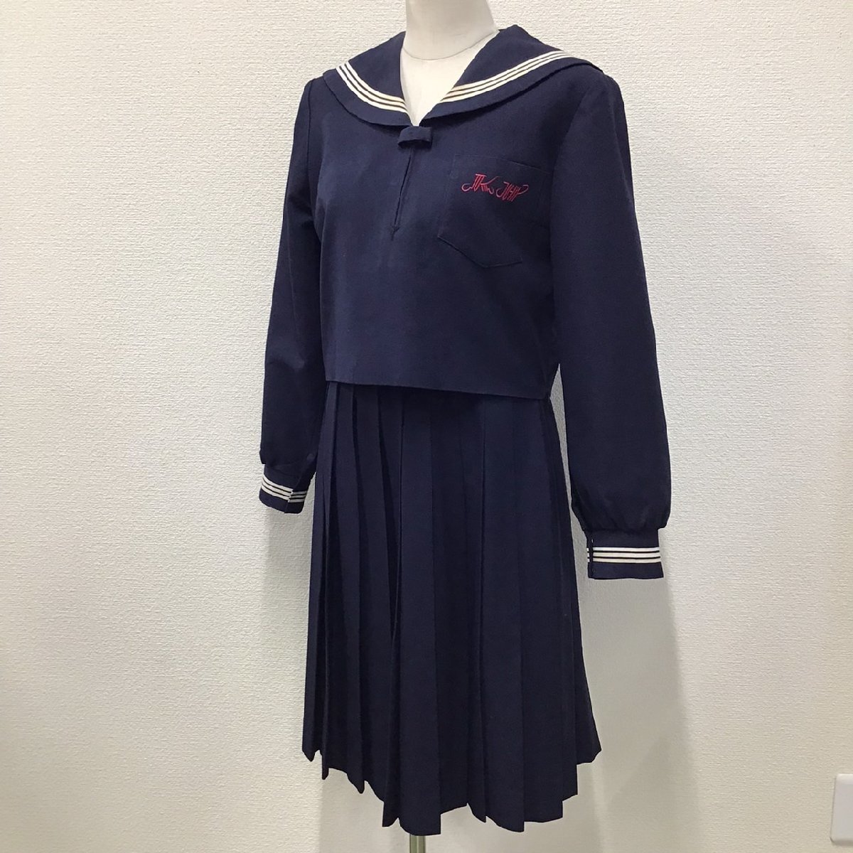 O386 (中古) 兵庫県 加古川東高校 セーラー服 上下セット /大きめ/LL/W70/丈60/白3本ライン/紺/冬服/冬用/制服/高校/学生服/女子学生